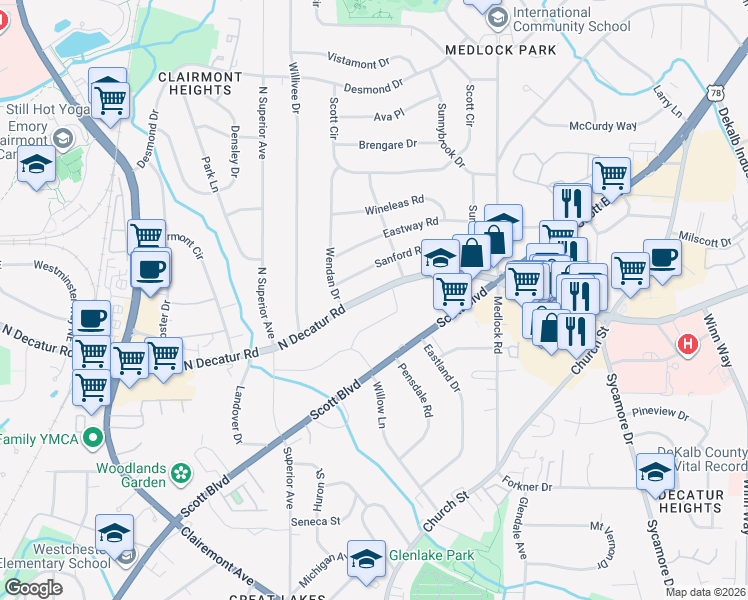map of restaurants, bars, coffee shops, grocery stores, and more near 2386 North Decatur Road in Decatur