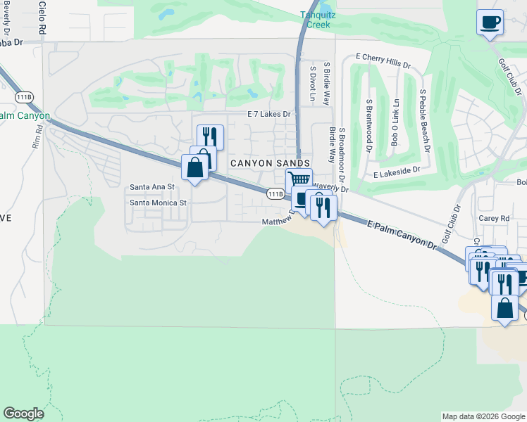 map of restaurants, bars, coffee shops, grocery stores, and more near 2626 Desert Lily Lane in Palm Springs