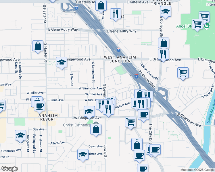 map of restaurants, bars, coffee shops, grocery stores, and more near 1356 Lewis Street in Anaheim