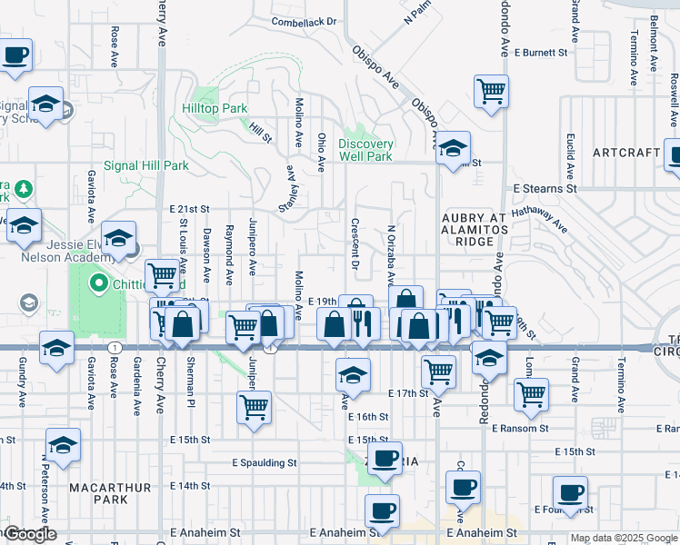 map of restaurants, bars, coffee shops, grocery stores, and more near 2744 East 20th Street in Signal Hill