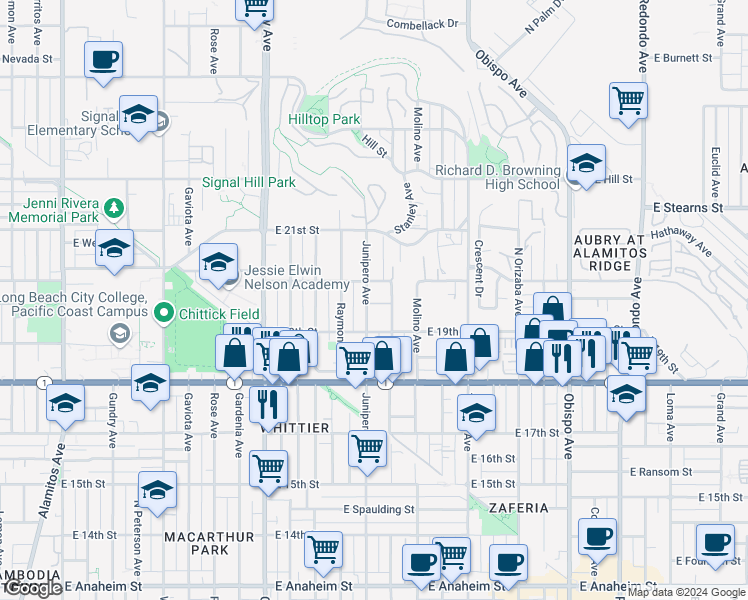map of restaurants, bars, coffee shops, grocery stores, and more near 2493 East 20th Street in Signal Hill