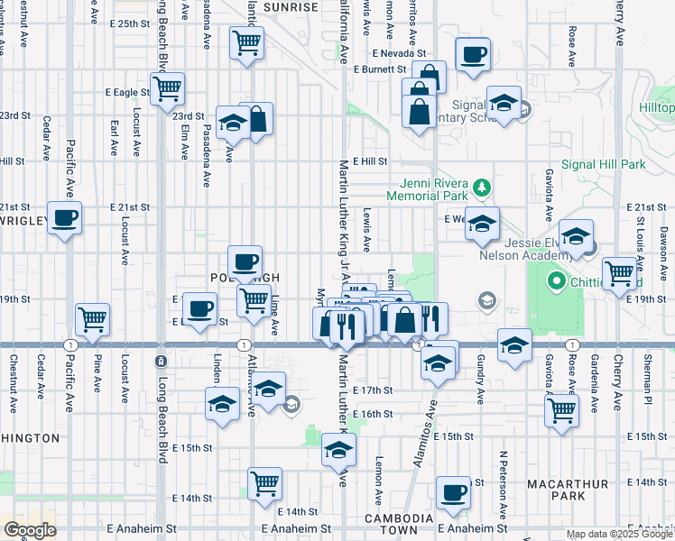 map of restaurants, bars, coffee shops, grocery stores, and more near 1003a East 20th Street in Long Beach