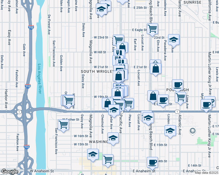 map of restaurants, bars, coffee shops, grocery stores, and more near 311 West 20th Street in Long Beach