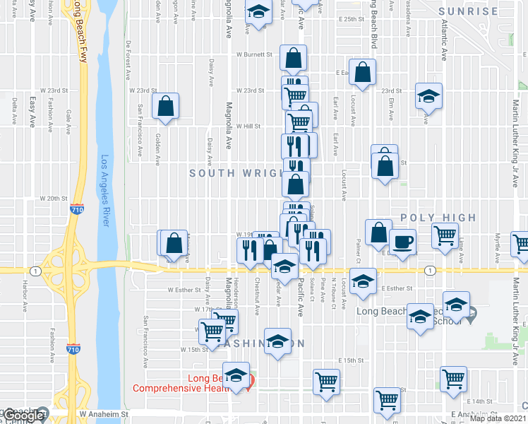 map of restaurants, bars, coffee shops, grocery stores, and more near 311 West 20th Street in Long Beach