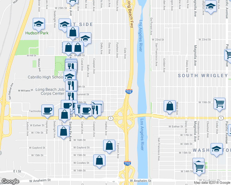 map of restaurants, bars, coffee shops, grocery stores, and more near 1300 West 20th Street in Long Beach