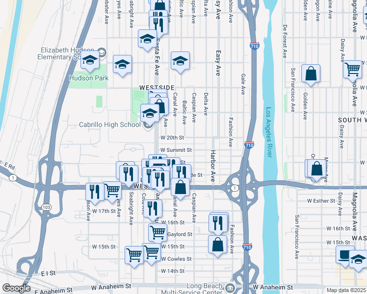map of restaurants, bars, coffee shops, grocery stores, and more near 1552 West 20th Street in Long Beach
