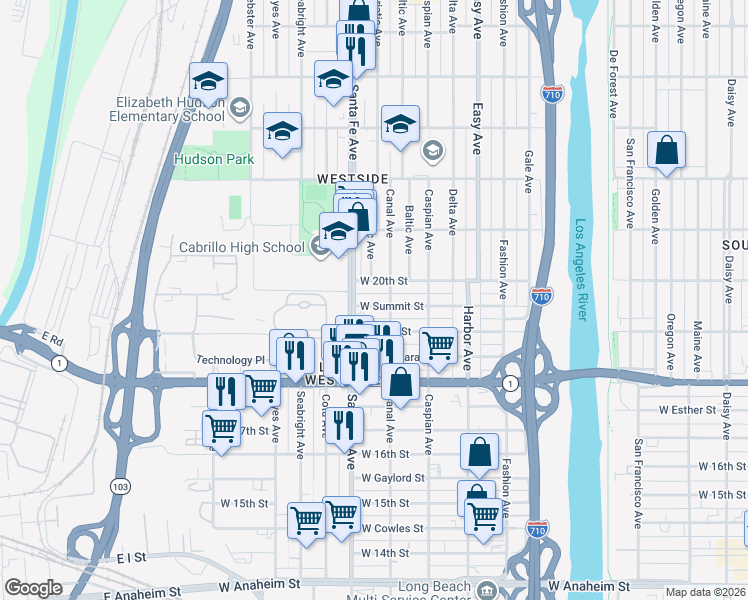 map of restaurants, bars, coffee shops, grocery stores, and more near 1129 Adriatic Avenue in Long Beach