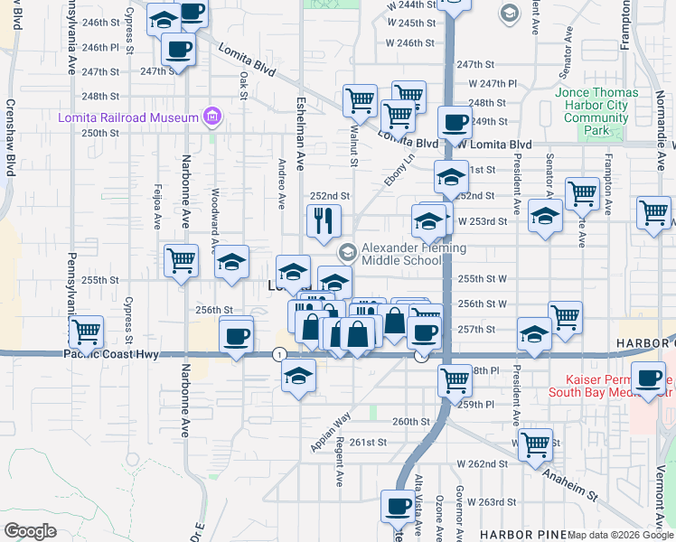 map of restaurants, bars, coffee shops, grocery stores, and more near 1917 254th Street in Lomita