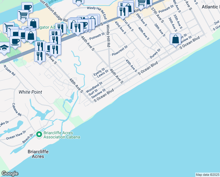 map of restaurants, bars, coffee shops, grocery stores, and more near 4613 Surf Street in North Myrtle Beach