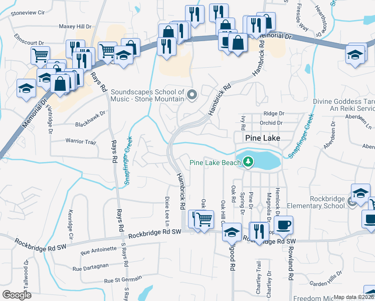 map of restaurants, bars, coffee shops, grocery stores, and more near 4403 Village Square Lane in Stone Mountain