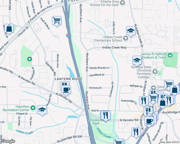 map of restaurants, bars, coffee shops, grocery stores, and more near 589 Northern Avenue in Clarkston