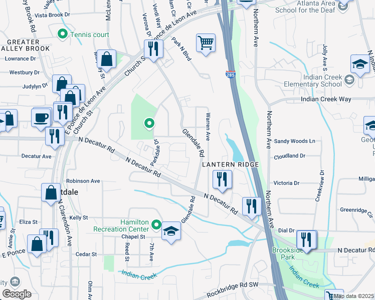map of restaurants, bars, coffee shops, grocery stores, and more near 3377 Park Pointe Circle in Scottdale