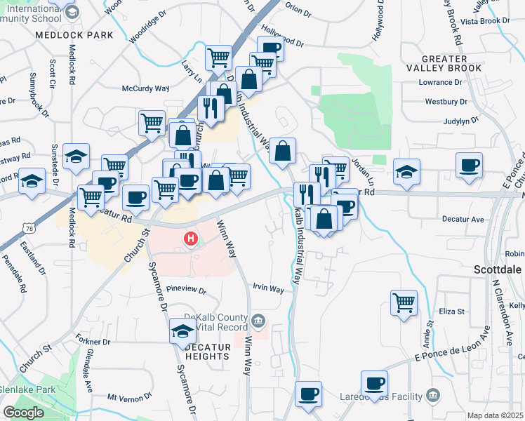 map of restaurants, bars, coffee shops, grocery stores, and more near 2784 North Decatur Road in Decatur