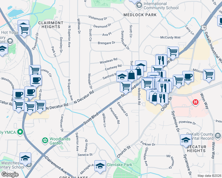 map of restaurants, bars, coffee shops, grocery stores, and more near in North Decatur