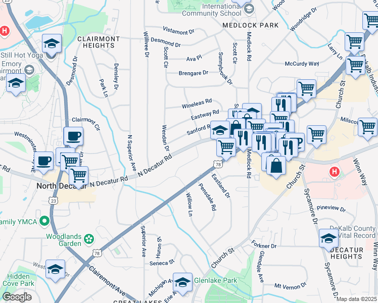 map of restaurants, bars, coffee shops, grocery stores, and more near 2383 North Decatur Road in Decatur
