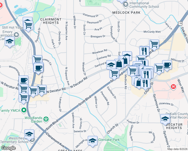 map of restaurants, bars, coffee shops, grocery stores, and more near 2386 North Decatur Road in Decatur