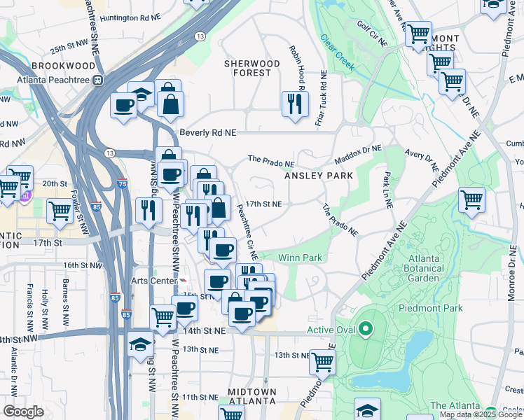 map of restaurants, bars, coffee shops, grocery stores, and more near 121 17th Street Northeast in Atlanta
