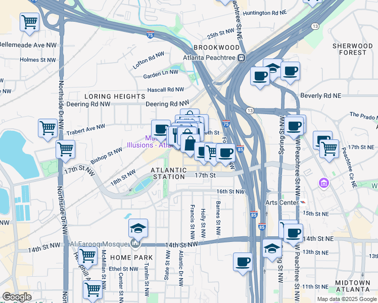 map of restaurants, bars, coffee shops, grocery stores, and more near 264 19th Street Northwest in Atlanta