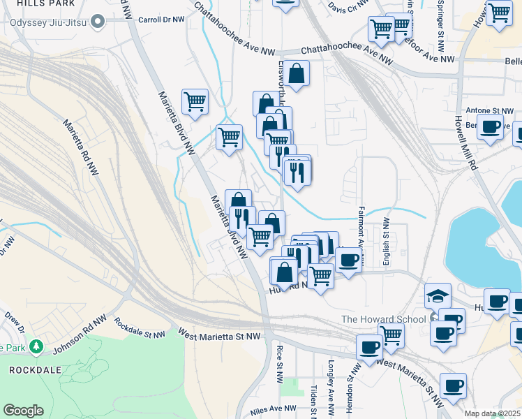 map of restaurants, bars, coffee shops, grocery stores, and more near 1290 Nervi Mews Northwest in Atlanta
