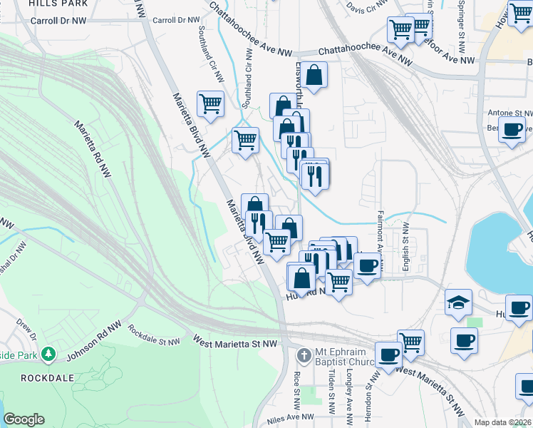 map of restaurants, bars, coffee shops, grocery stores, and more near 1370 Stirling Circle Northwest in Atlanta