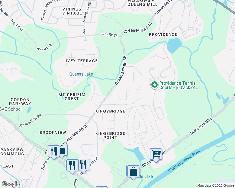 map of restaurants, bars, coffee shops, grocery stores, and more near 6585 Queen Mill Road Southeast in Mableton