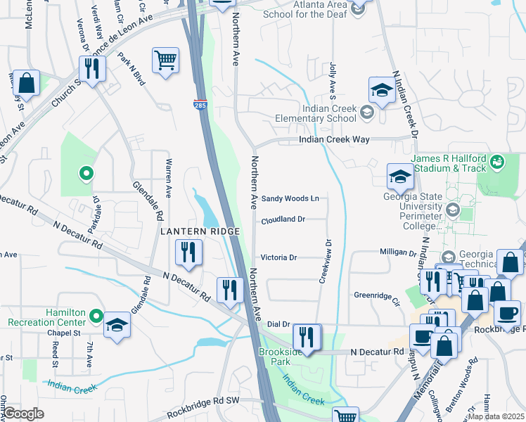 map of restaurants, bars, coffee shops, grocery stores, and more near 589 Northern Avenue in Clarkston