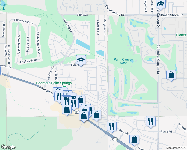 map of restaurants, bars, coffee shops, grocery stores, and more near 246 Laredo Drive in Palm Springs