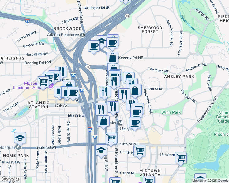 map of restaurants, bars, coffee shops, grocery stores, and more near 1400 West Peachtree Street Northwest in Atlanta