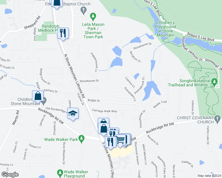 map of restaurants, bars, coffee shops, grocery stores, and more near 5556 Pennybrook Trail in Stone Mountain