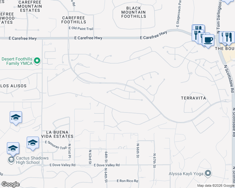 map of restaurants, bars, coffee shops, grocery stores, and more near 6494 Shooting Star Way in Scottsdale