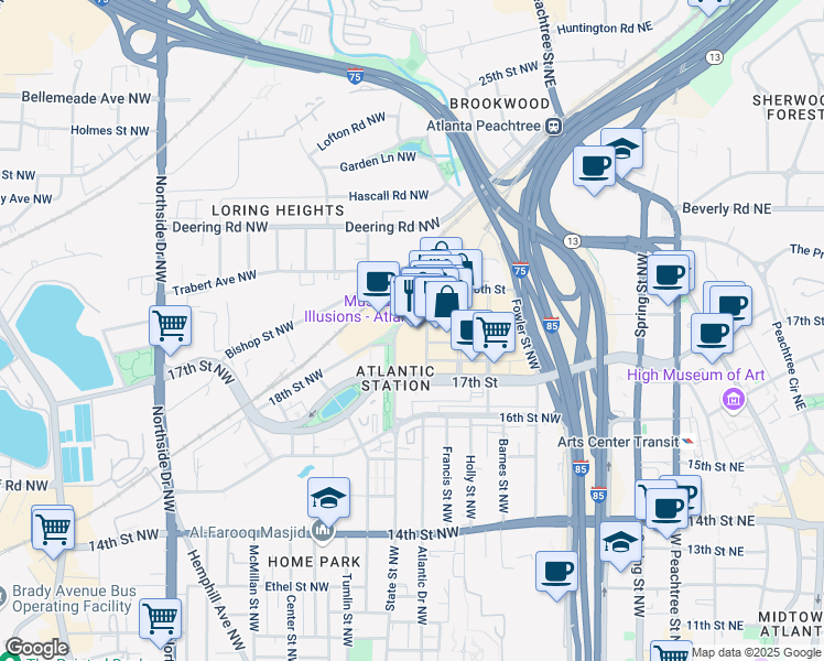 map of restaurants, bars, coffee shops, grocery stores, and more near 264 19th Street Northwest in Atlanta