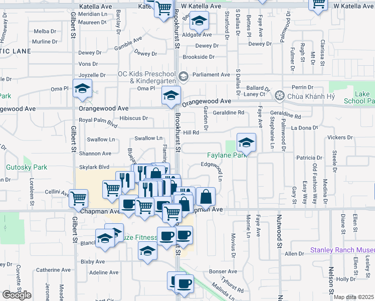 map of restaurants, bars, coffee shops, grocery stores, and more near 10041 Roselee Drive in Garden Grove