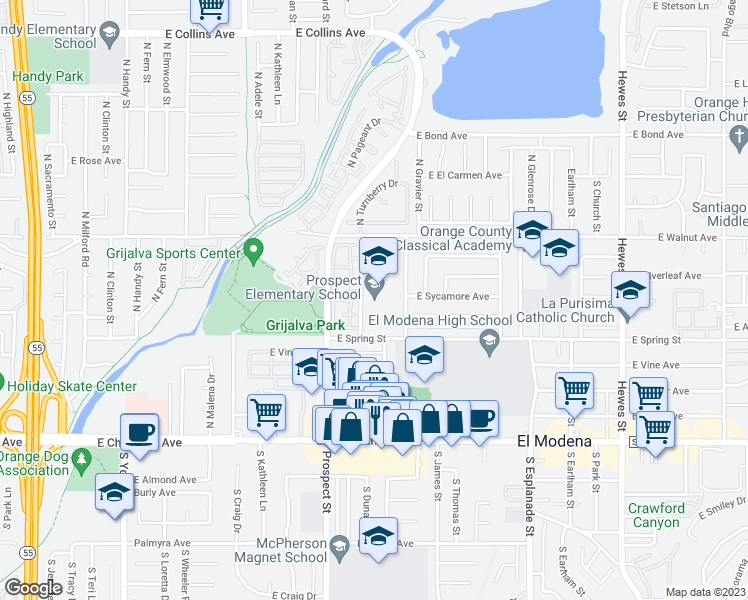 map of restaurants, bars, coffee shops, grocery stores, and more near 379 North Virage Street in Orange