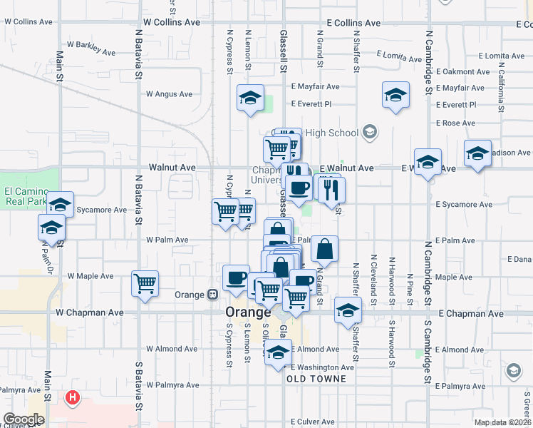 map of restaurants, bars, coffee shops, grocery stores, and more near 370 North Glassell Street in Orange