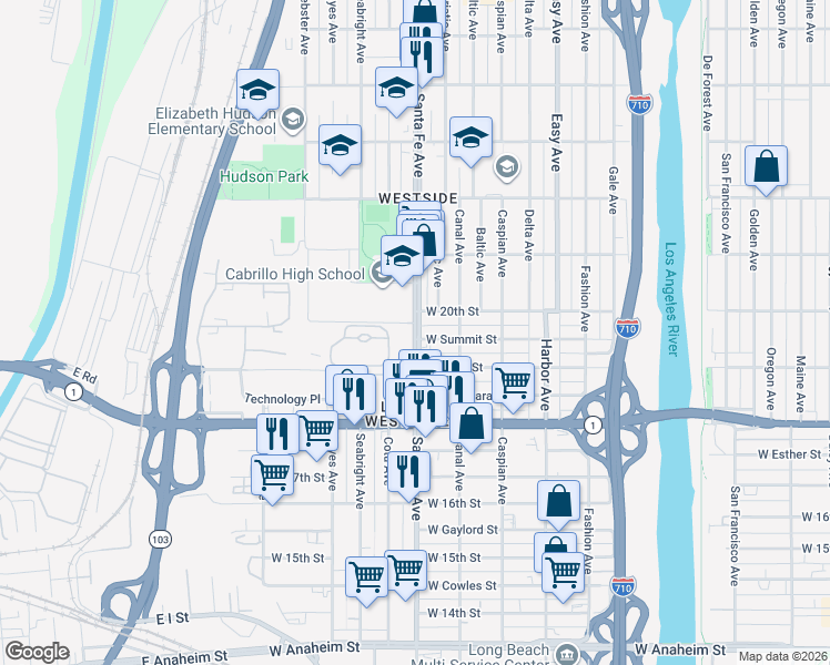 map of restaurants, bars, coffee shops, grocery stores, and more near Santa Fe Avenue in Long Beach