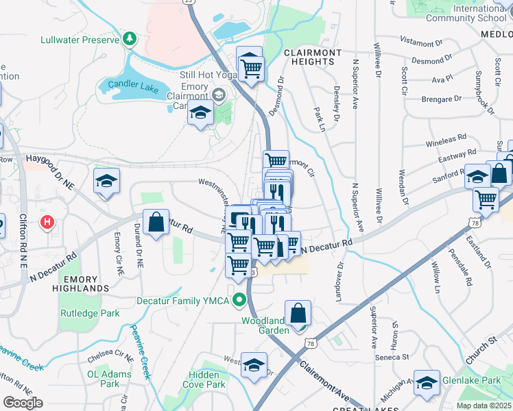 map of restaurants, bars, coffee shops, grocery stores, and more near 100 Ladson Court in Decatur