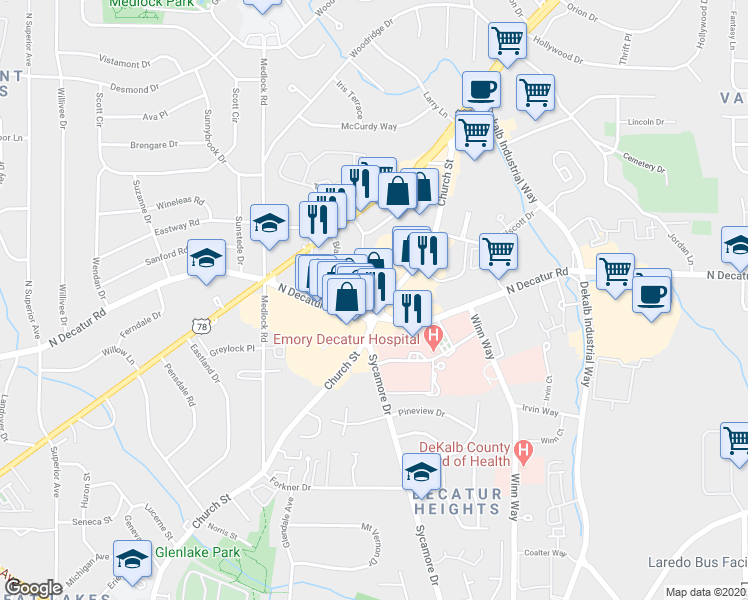 map of restaurants, bars, coffee shops, grocery stores, and more near 1580 Church Street in Decatur