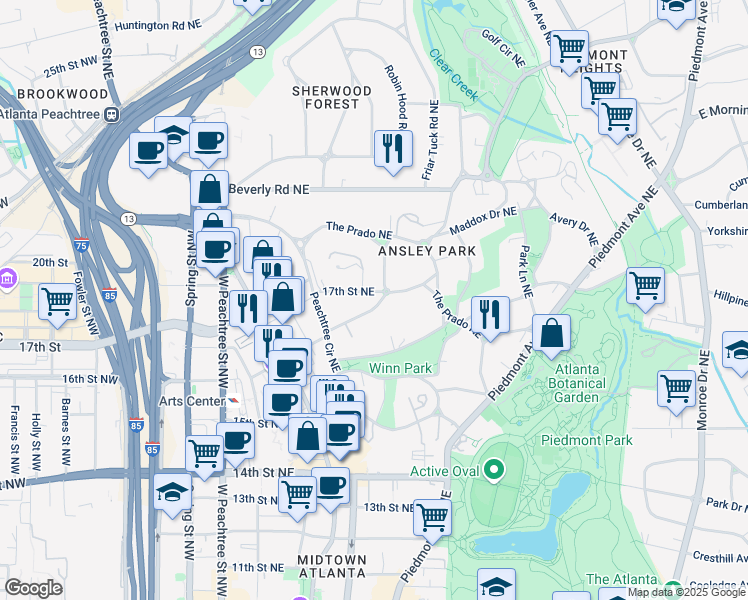 map of restaurants, bars, coffee shops, grocery stores, and more near 60 Inman Circle Northeast in Atlanta