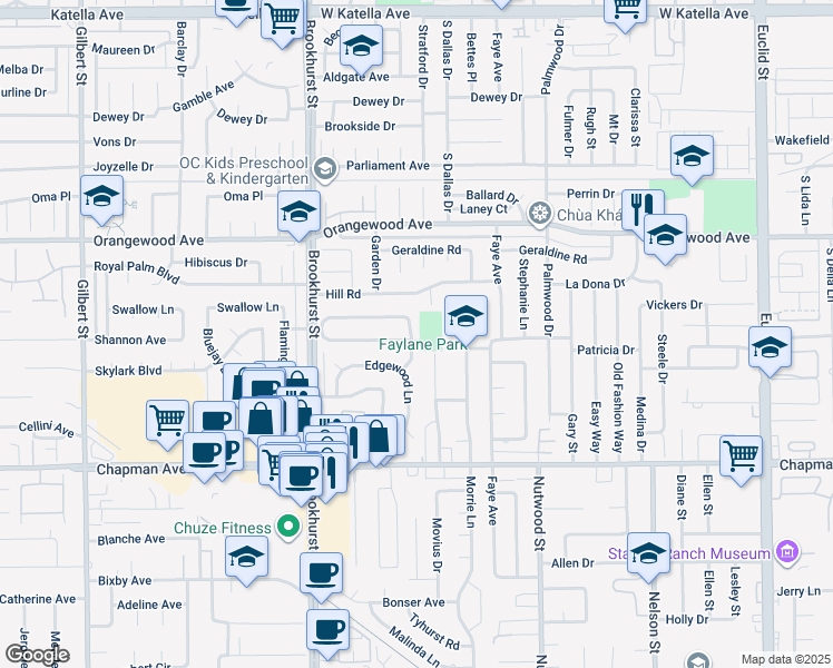 map of restaurants, bars, coffee shops, grocery stores, and more near 10221 Roselee Drive in Garden Grove