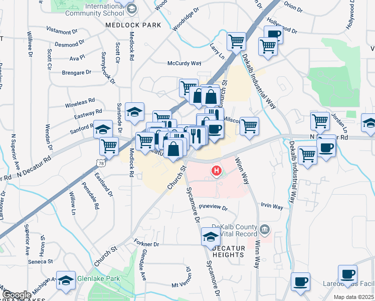 map of restaurants, bars, coffee shops, grocery stores, and more near 1580 Church Street in Decatur