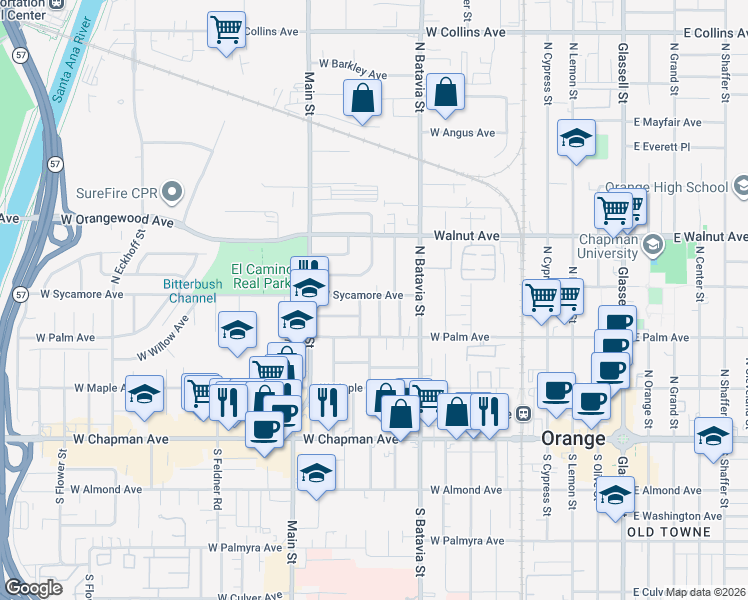 map of restaurants, bars, coffee shops, grocery stores, and more near 376 North Lime Street in Orange