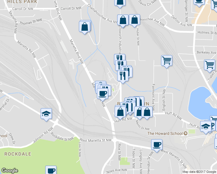map of restaurants, bars, coffee shops, grocery stores, and more near 1296 Noguchi Mews Northwest in Atlanta