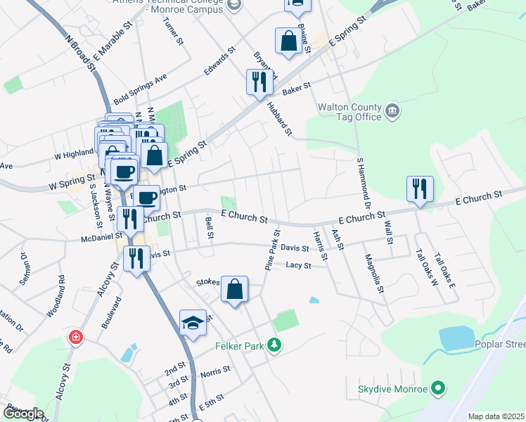 map of restaurants, bars, coffee shops, grocery stores, and more near 219 Felker Street in Monroe