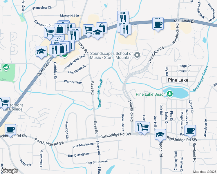 map of restaurants, bars, coffee shops, grocery stores, and more near 500 Hambrick Road in Stone Mountain