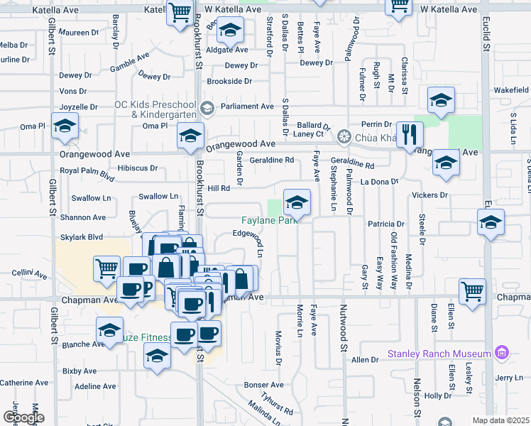 map of restaurants, bars, coffee shops, grocery stores, and more near 10221 Roselee Drive in Garden Grove