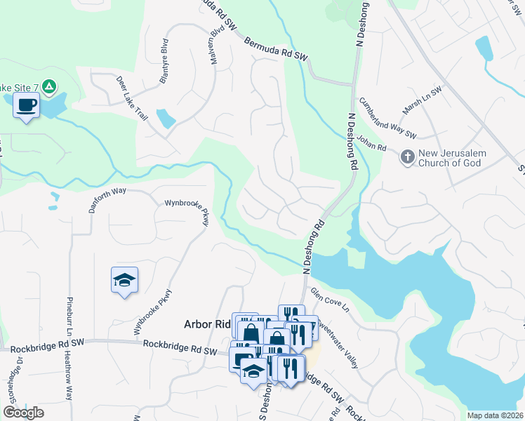 map of restaurants, bars, coffee shops, grocery stores, and more near 6993 Overlook Point Road in Stone Mountain