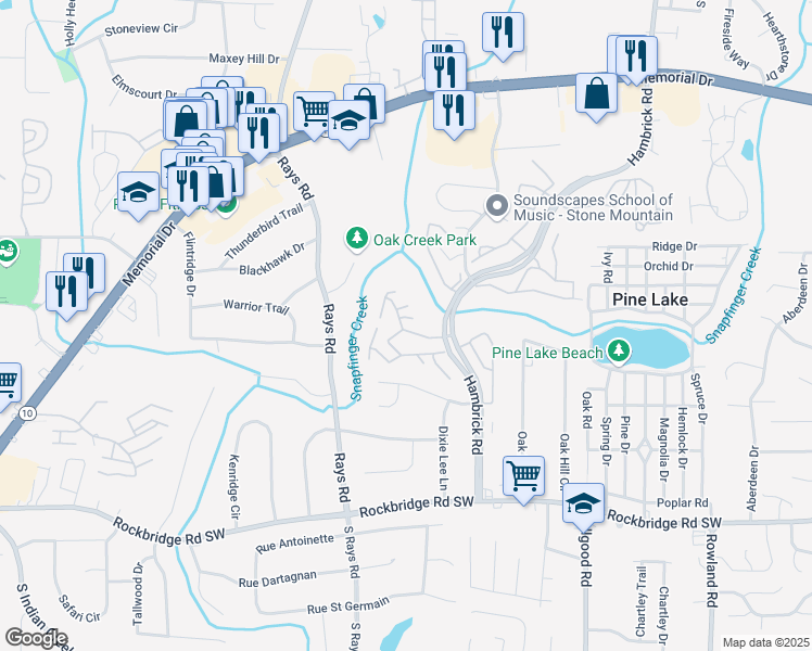 map of restaurants, bars, coffee shops, grocery stores, and more near 500 Hambrick Road in Stone Mountain