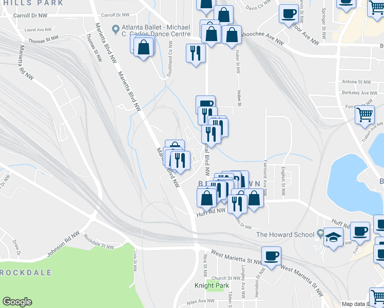 map of restaurants, bars, coffee shops, grocery stores, and more near 1290 Nervi Mews Northwest in Atlanta