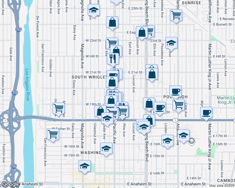 map of restaurants, bars, coffee shops, grocery stores, and more near 2003 Pacific Avenue in Long Beach