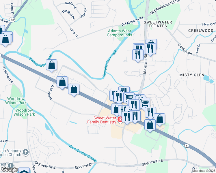 map of restaurants, bars, coffee shops, grocery stores, and more near 706 Westpark Place in Lithia Springs
